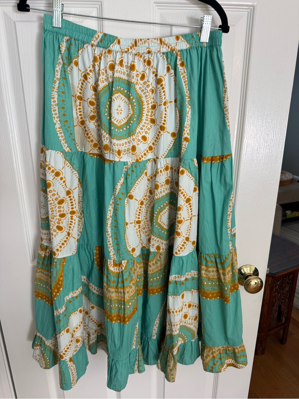 Anthropologie Teal Maxi Skirt with Mustard Medallion Print